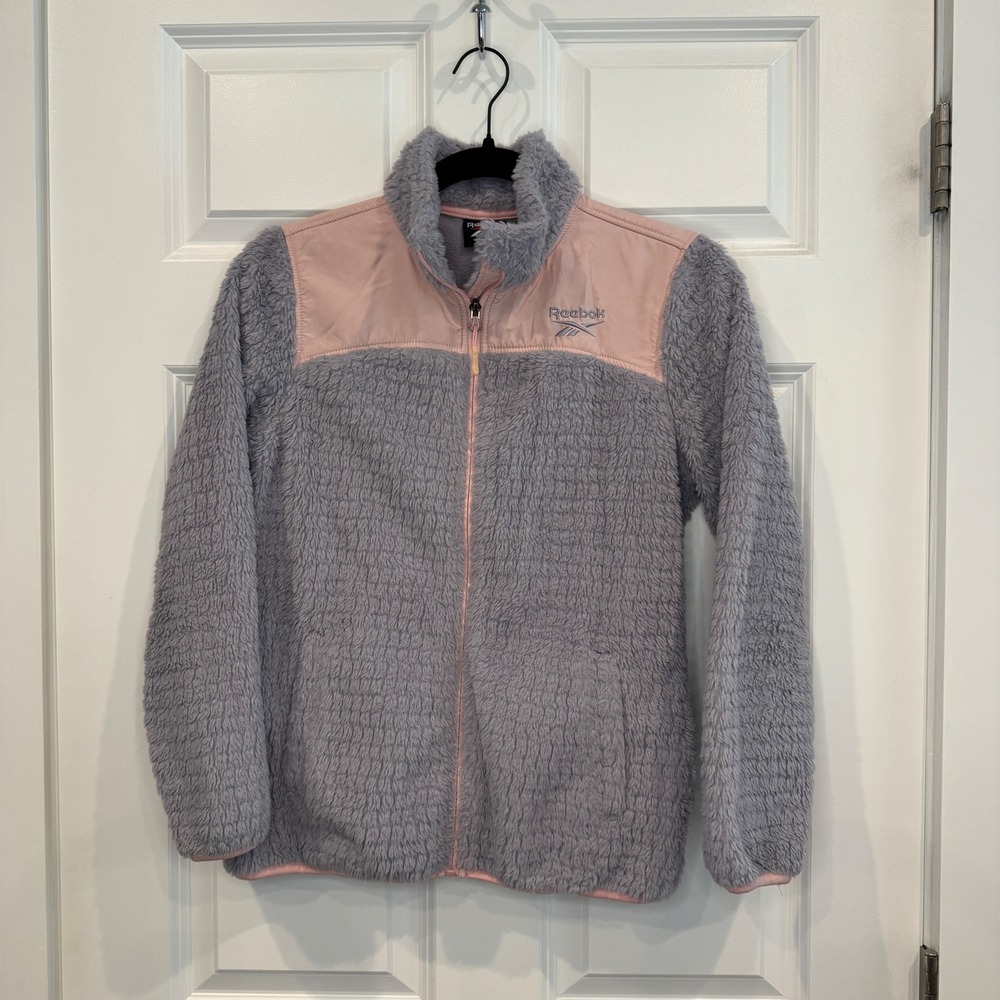 Reebok Girls Lavender Grey Pink Sherpa Fleece Full Zip Jacket Size L 14/16